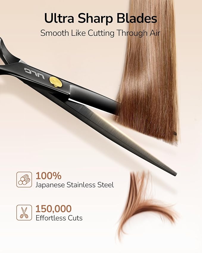 ULG Professional Hair Cutting Scissors 6.5 Inch – Sharp Barber Shears, Stainless Steel Symmetrical Salon Haircut Scissors for Women, Men, Kids, Gloss Paint Finish, Black
