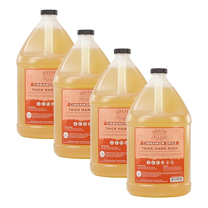 Adams Handmade Soap Thick Organic Castile Liquid Hand Soap 1 Gallon Refill - Cinnamon Spice (Pack of 4)