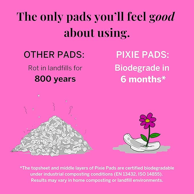 Pixie Organic Cotton Overnight Pads for Women - Extra Heavy Absorbency with Wings - Leak-Proof, Hypoallergenic & Unscented for Feminine Care - Compostable, Biodegradable - 36 Count