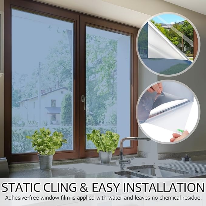 HIDBEA One Way Mirror Window Film ,Daytime Privacy Sun Blocking Reflective Window Film Static Cling Heat Control Window Tinting Film for Home and Office, Blue Silver, 35.4 x 98.4 Inch