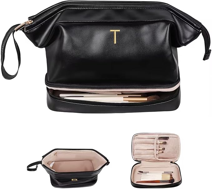 Birthday Gifts for Girls, Initial Large Makeup Bag, Personalized Double Layer Cosmetic Bag with Makeup Brush Organizer, Large Capacity PU Leather Travel Toiletry Bag Travel Stuff for Girls