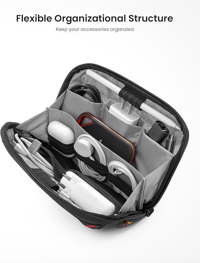 tomtoc Travel Cable Organizer Pouch, Electronics Accessories Organizer Portable Waterproof Double Accessories Carry Case for Cord, Charger, Cables, USB Drive, Black