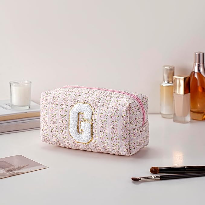 JOVAKIT Makeup Bag Cosmetic Bags for Women, Christmas Gifts for Girls Age 6-18, Alphabet Pink Floral Coquette Zipper Travel Makeup Pouch, Organizer Case Trendy Stuff (Pink Floral G)