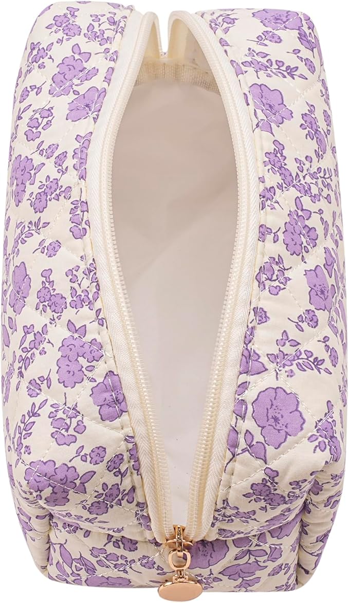 JOVAKIT Square Makeup Bag Cute Cosmetic Bag for Women, Floral Coquette Aesthetic Toiletry Bag, Zipper Make Up Pouch, Travel Make Up Organizer Bag (Big Purple Floral)