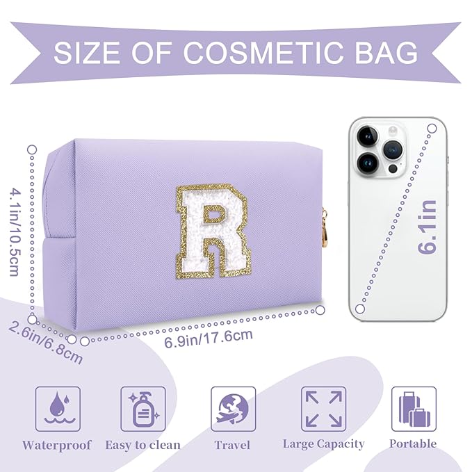 Personalized Makeup Bag Initial A-Z Preppy Patch Bag,Small PU Leather Travel Cosmetic Bag Pouch with Zipper,Purple Cute Toiletry Bag,Gift Ideal for Teen Girls Women Birthday Friend Mom,Latter R