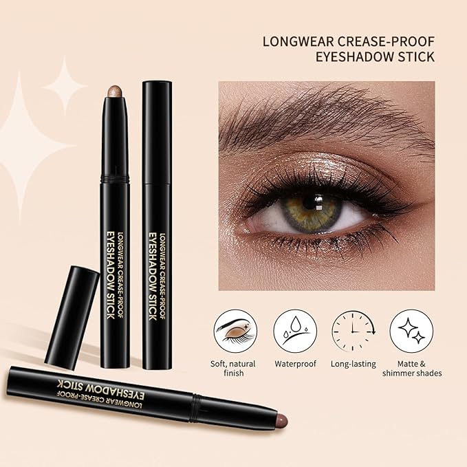CHIFURE Eyeshadow Stick, Shimmer and Matte Cream Eye Shadow Brightener Sticks Eyeliner Pencil Crayon, Waterproof Long Lasting Eye Highlighter Stick Makeup,0.056 Oz(#1-Caramel)