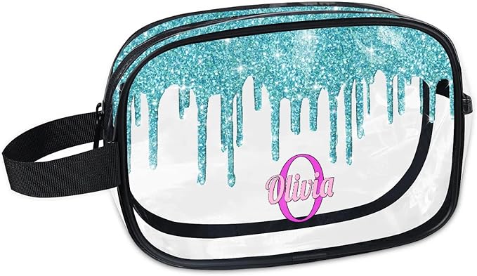 Custom Transparent Travel Toiletry Bag for Women, PVC Large Makeup Bag, Cosmetic Bag, Comestic Essentials for Women, Water Flow Shape Aqua Blue Shiny Glittering