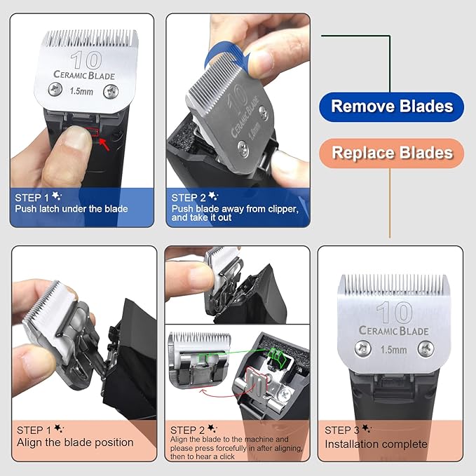 Size 40/10/7F/5F/4F Detachable Pet Dog Grooming Clipper Ceramic Blades Set,Compatible with Andis,Oster A5,Wahl KM10 Series Clippers,Cut Length 1/100"(0.25mm) to 3/8"(9.5mm),5 Pack