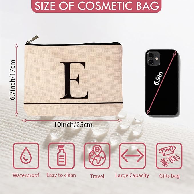 Letter A-Z Initial Personalized Makeup Bags, Birthday Gifts for Women, Monogrammed Gifts for Women Mom Sister Best Friend Bride Bridesmaid, Mothers Day, Christmas, Small Travel Cosmetic Bag (E)