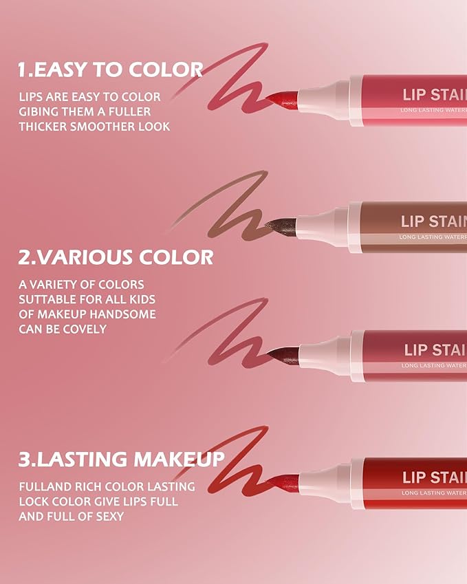 Lip Stain Liner Pen Set-4 Pcs Hydrating Lip Stain Lip Liner Pencil Kit,Longlasting Waterproof Smudgeproof Matte Color Look,Precise Chisel Tip Smooth,Christmas Makeup Gift Kit for Women Girl