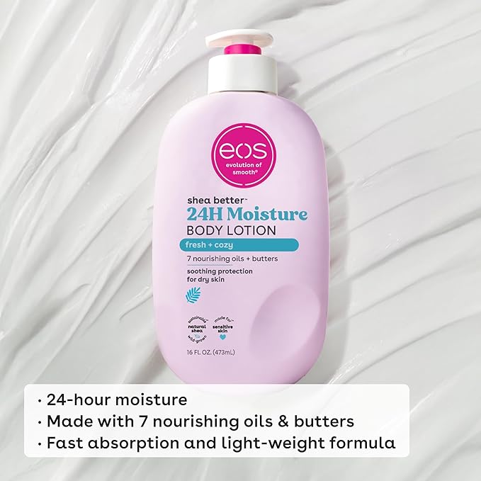 eos Shea Better Body Lotion, Fresh & Cozy, 24-Hour Moisture Skin Care, Lightweight & Non-Greasy, Natural Shea, Vegan, 16 fl oz