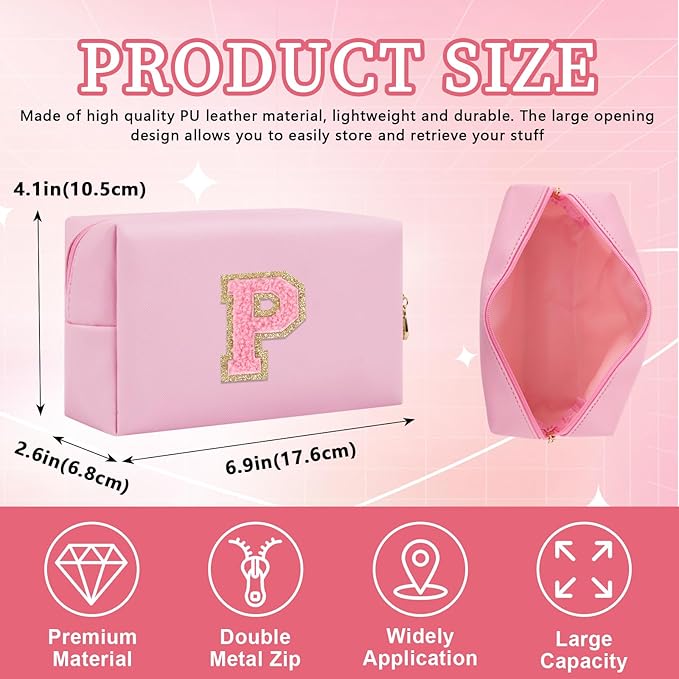 Iqimott Personalized Initial Letter Patch Makeup Bag, Preppy Small Chenille Letter Cosmetic Bag with Zipper, PU Leather Waterproof Travel Toiletry Bag Monogram Make Up Pouch for Women Girls(Letter P)