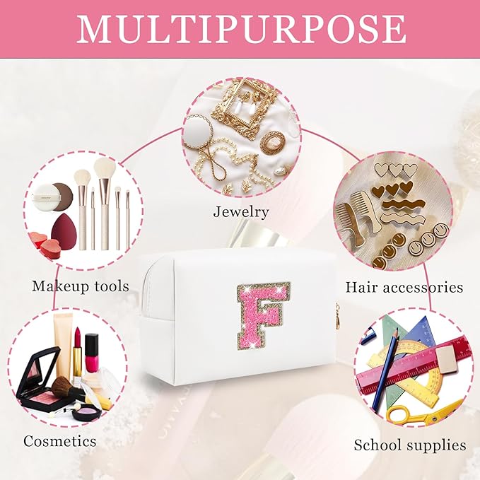 Personalized Initial Letter Makeup Bag, Preppy Glitter Letter Patch Cosmetic Pouch Zipper, PU Waterproof Travel Toiletry Bag Cute Makeup Organizer Monogrammed Make Up Bag, Gift for Women Girls