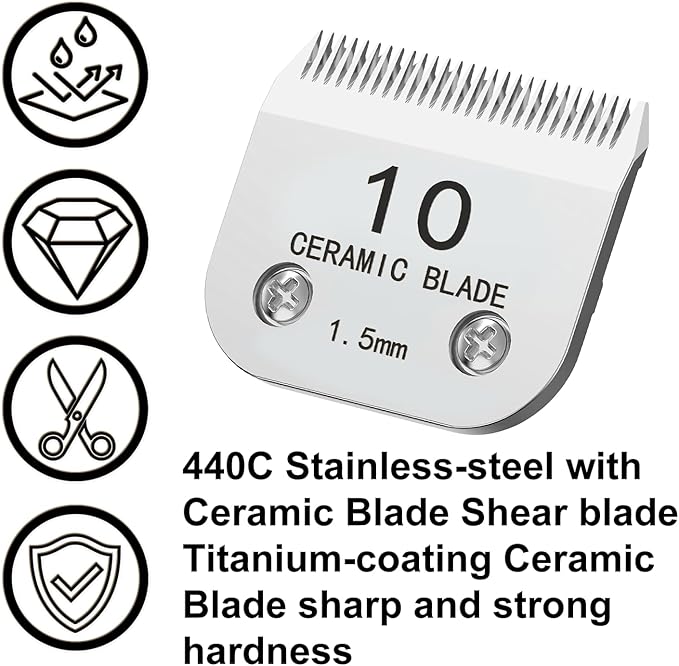 2 Pack Size 10# Detachable Clipper Ceramic Blades, Dog Grooming Clipper Replacement Blades Compatible with Andis Dog Clippers, Wahl KM Series Clippers, Oster A5, Cut Length 1/16"(1.5mm) Silver