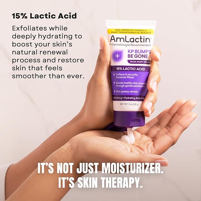 AmLactin KP Bumps Be Gone - Therapeutic Body Cream for Keratosis Pilaris - No-Scrub Exfoliator and Moisturizer with 15% Lactic Acid AHA, 3 oz (Packaging May Vary)