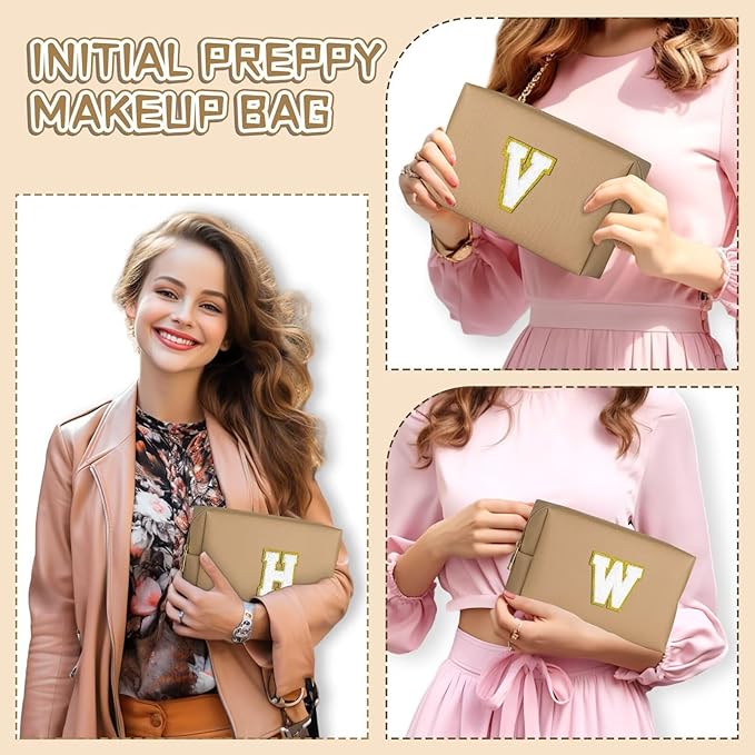 TOPEAST Initial Makeup Bag for Travel, Chenille Letter Pouch Cosmetic Bag, PU Leather Waterproof Toiletry Bag, Personalized Gifts for Bride Bridesmaids, Cute Things for Girls (Khaki Q)