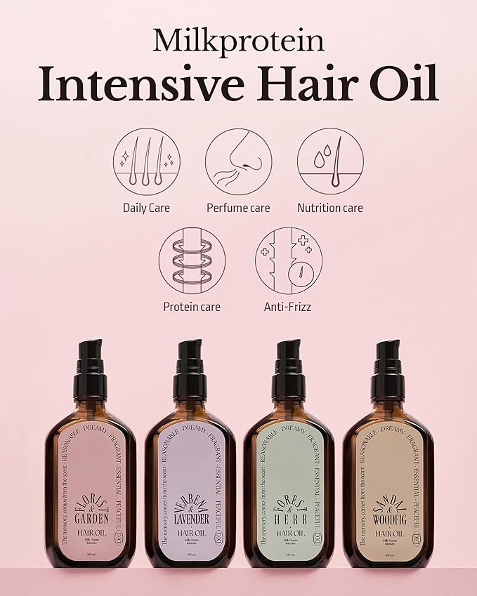 Milk Protein Intensive Perfume Hair Oil - Korean Anti Frizz Nourishing & Smoothing Hair Serum - Cozy Wood & Fig Scent - with 10,000ppm Argan Oil & 6 Plant-Based Oils, 3.38 fl.oz.