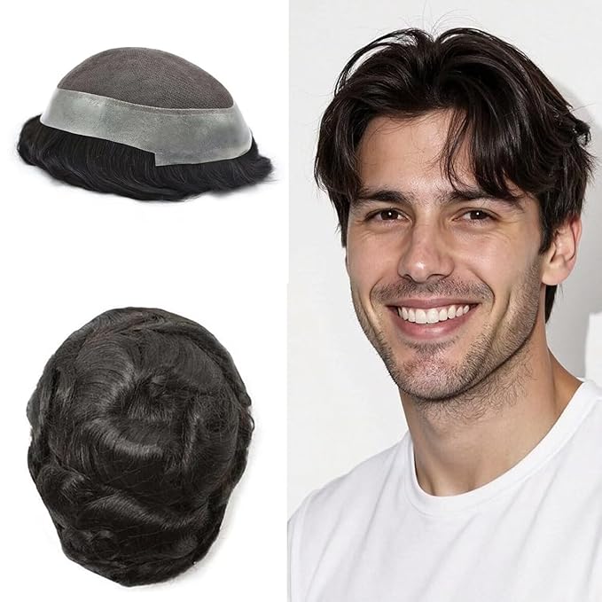 Toupee for Men French Lace Center Human Hair Replacement Systems Transparent Lace Center Hair Piece Mens Toupee Hair Units for Man V-Looped Front Male Hair Prosthesis 7"X9" #1B Off Black