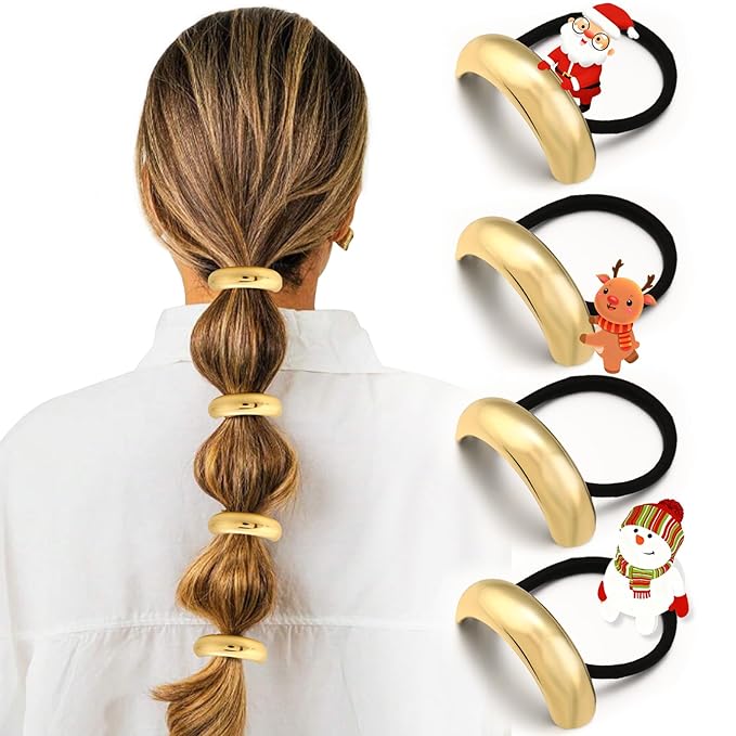 4PCS Gold Hair Ties, Metal Hair Ties for Thick Hair, Elegant Durable Round Geometric Design Hair Cuffs, Gold Hair Accessories for Women, Stretchy Non-Damage Ponytail Holders Christmas Gifts