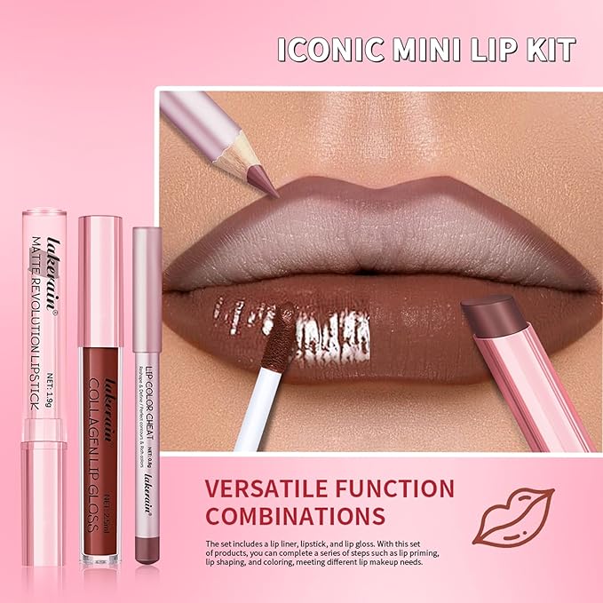 3PCS Lip Liner and Lipstick Combo Set - Matte Lip Liner Pencil, Velvet Matte Lipstick & Hydrating Collagen Lip Gloss - Long-Lasting, Smudge-Proof, High Pigment Nude Brown Lip Makeup Kit (#2 Red Rose)