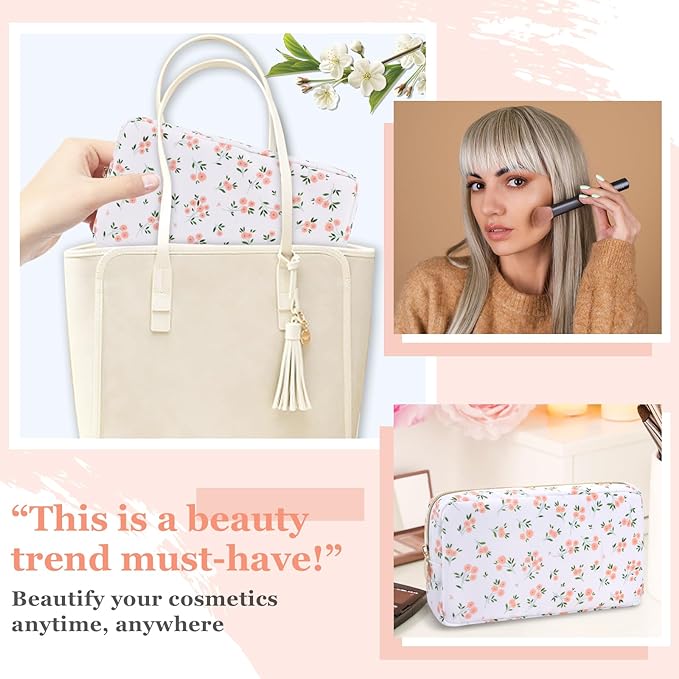 Nylon Small Floral Makeup Bag for Purse, Cute Preppy Travel Makeup Bag Flower Cosmetic Zipper Pouch Purse, Waterproof Toiletry Bag Make Up Organizer Storage Travel Essentials for Women(White-Floral)