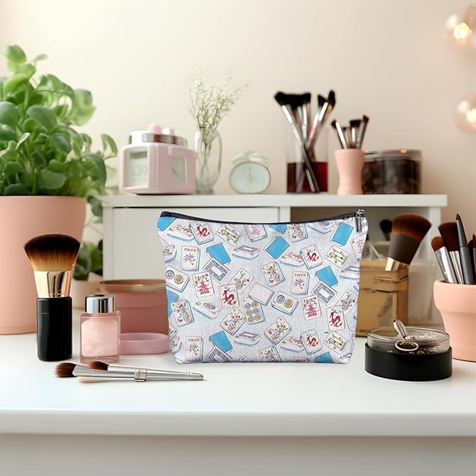 Light Blue Chinoiserie Mahjong Makeup Bag, Mahjong Gifts Cosmetic Bags for Women, Gifts for Mah Jong Players Lovers Makeup Zipper Pouch