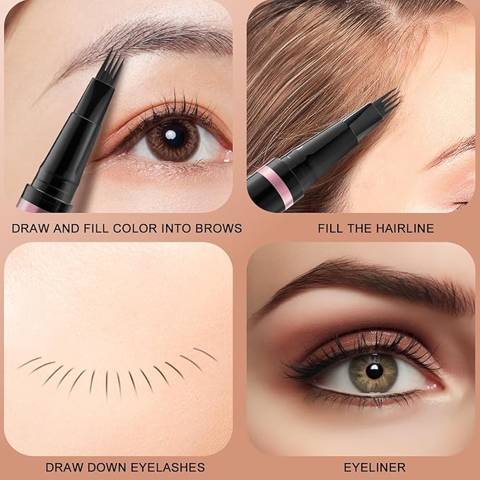 Eyebrow Pencil,2-in-1 Waterproof Eyebrow Pen with 4 Tip Brow Pen and Ultra-Precise Brow Pencil,with Dual-ended Eyebrow Brush,Eyebrow Makeup for Natural Looking Eyebrows - Dark Brown