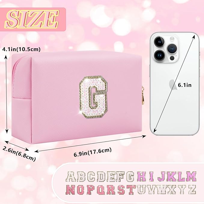 Initial Letter Patch Makeup Bag, Preppy Glitter Pouch Cosmetic Bag, Small PU Travel Toiletry Bag Zipper, Personalized Monogrammed Gift for Friends, Sisters & Teens (G)