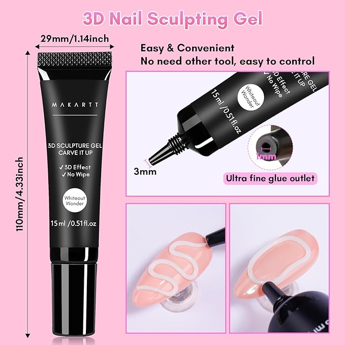 Makartt 3D Nail Gel for Nail Art: No Wipe 15g White Sculpting Molding Candy Craving Gel Polish Rhinestone Nails Charm Glue Decoration Manicure Designs (Whiteout Wonder)