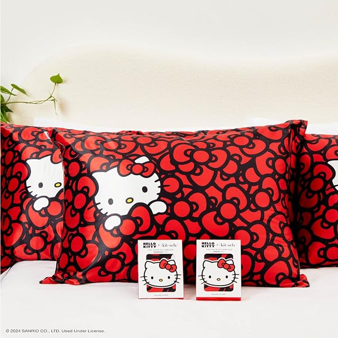 Kitsch x Hello Kitty Sea of Bows - Satin Pillowcase with Zipper for Hair and Skin, Softer Than Silk, Smooth Cooling Pillow Covers, Machine Washable, King Size (19x36)