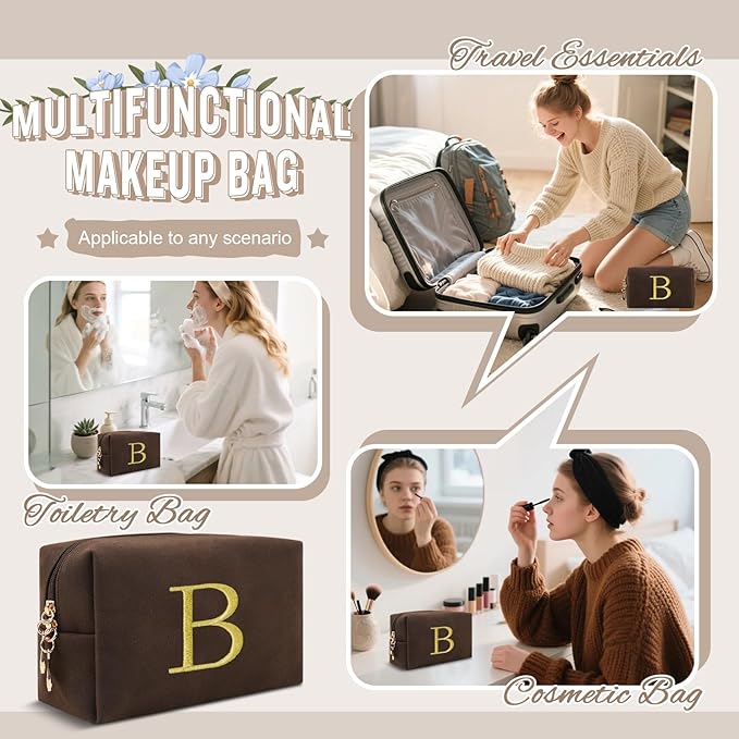 Personalized Initial Makeup Bag,Preppy Suede Cosmetic Bag for Teen Girls,Small Monogram Travel Toiletry Bag With Gold Embroidered Letter,Trendy Stuff Custom Christmas Gift for Women(Coffee-B)