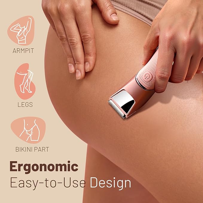 Bikini Trimmer for Women: Pubic Hair Razor with Mirror & LED Light, Electric Shaver with Ceramic Blades & Travel Lock - Body Groomer IPX7 Waterproof Use for Legs/Arm/Underarm
