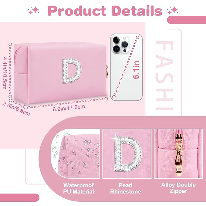 ChaoGreat Bride Gifts – Personalized Initial Makeup Bag with Pearl Rhinestone Patch, Preppy Pink Monogram Cosmetic/Toiletry Pouch, bridesmaid Gifts, Bridal Shower Gifts, Wedding Gifts, Bridal Gifts,D