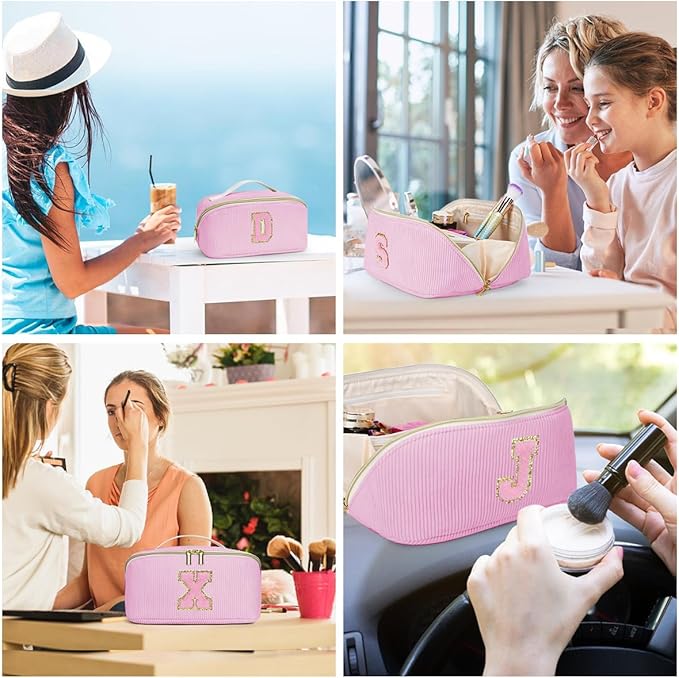 Personalized Initial Makeup Bag,Christmas Gifts for Girl,Preppy Bag Cosmetic Travel Bag Women,Travel Toiletry Organizer,Large Capacity Corduroy Stuff Bag,Cute Cosmetic Pouch Skincare Bag-Q