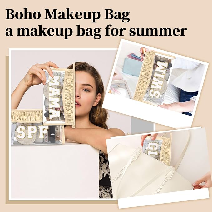 Small Boho Straw Clear Baby Makeup Bags for Women&Girls, Zipper Cosmetic Bag Chenille Varsity Letter Patch Bag, Preppy Cute Toiletry Pouch, Trendy Organizer Storage Bag for Beach Travel Essentials