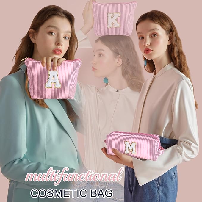 YOOLIFE Personalized Makeup Bag for Women - Monogram Cosmetic Bag Travel Toiletry Bag Brush Holder Birthday Gifts for Women Her Wedding Bridesmaid Friend Sister Teacher Wife Grandma Pink Initial E