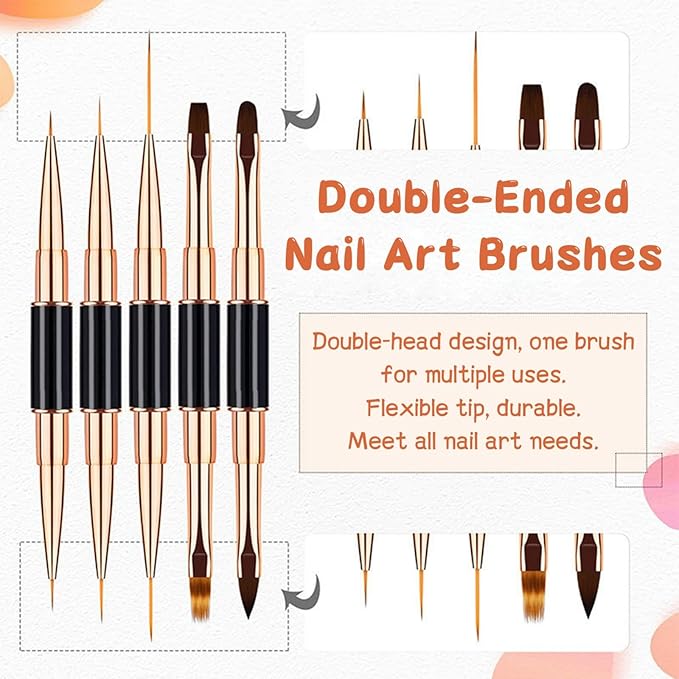 5Pcs Nail Art Bushes Set Double-Ended Professional Gel Polish Nail Art Design Painting Tools Nail Art Liner Brush (5/7/9/11/15/20mm) for Nails Detail, Long Lines, Ombre, Drawing(White)