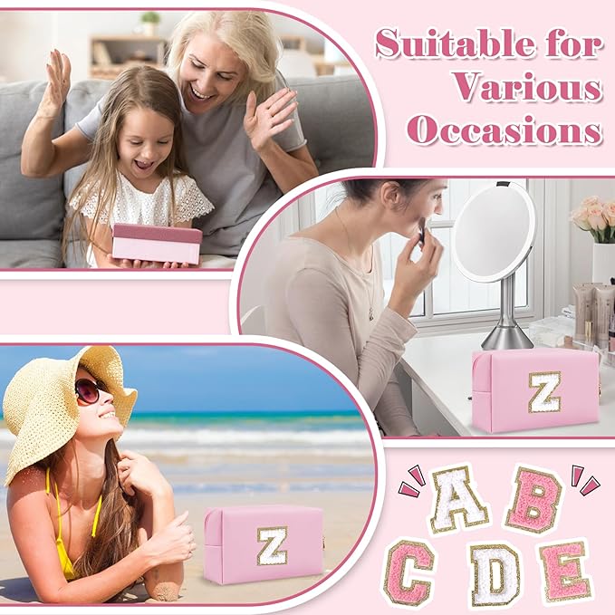 Personalized Initial A-Z Preppy Patch Makeup Bag,Small PU Chenille Letter Cosmetic Bag with Zipper for Teen Girls,Pink Cute Toiletry Organizer Bag,Monogram Makeup Case Gift for Women Girls,Letter Z