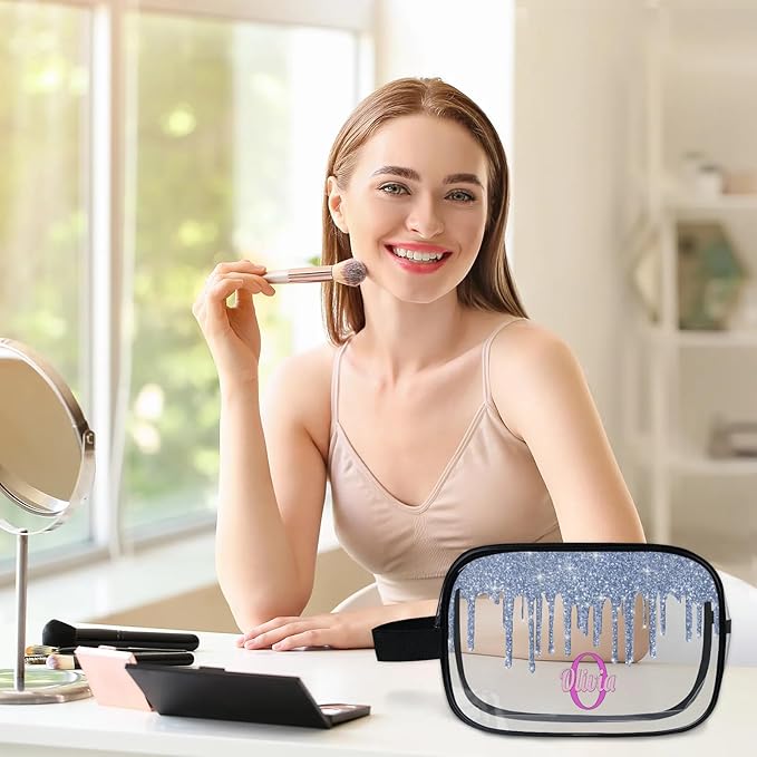 Custom Travel Clear Cosmetic Bag with Name, Personalized Large Capacity Weekend PVC Transparent Toiletry Bag Portable Bathroom Makeup Organizer, Grey Blue Water Fluid Shape Glittering