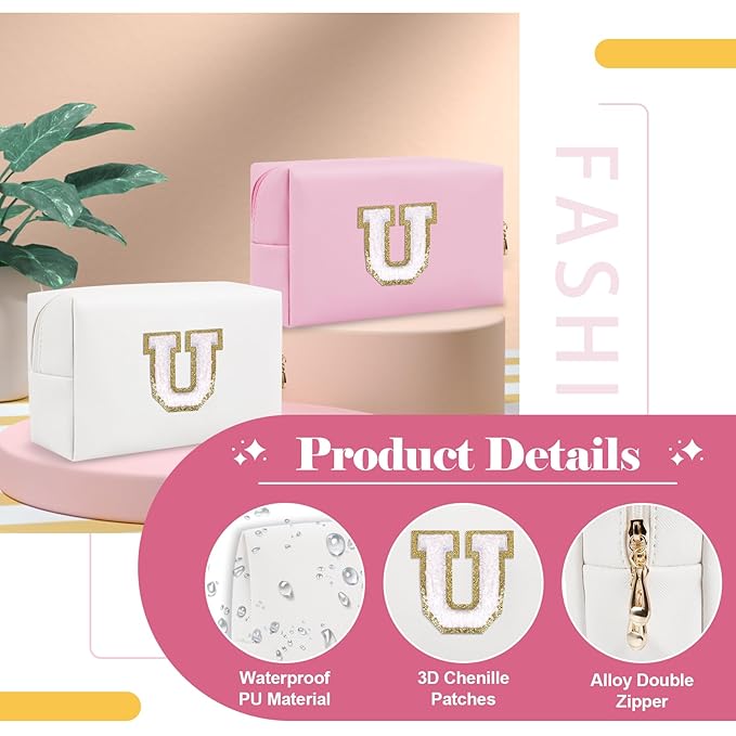 Small Personalized Initial A-Z Preppy Patch Makeup Bag,White PU Chenille Letter Travel Cosmetic Pouch with Zipper,Cute Toiletry Bag,Gift Ideal for Teen Girls Women Teacher Bridesmaid,Letter U