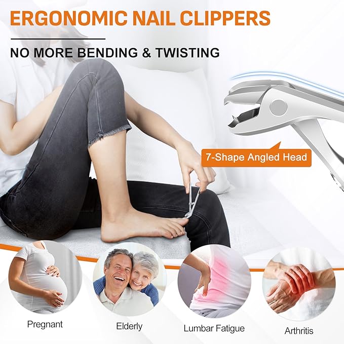 DRMODE Nail Clippers for Men Thick Nails, Angled Head Toe Nail Clippers for Thick Nails for Seniors, Wide Jaw Opening Toenail Clippers Heavy Duty Fingernail Clipper with Catcher Long Handle - Silver