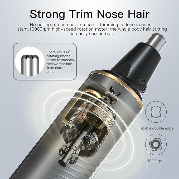 Nose Hair Trimmers for Men，Rechargeable Hair Trimmer 2 in 1 Painless Multifunctional Ear and Nose Hair Trimmer with IPX7 Waterproof Dual Edge Blades (Grey)