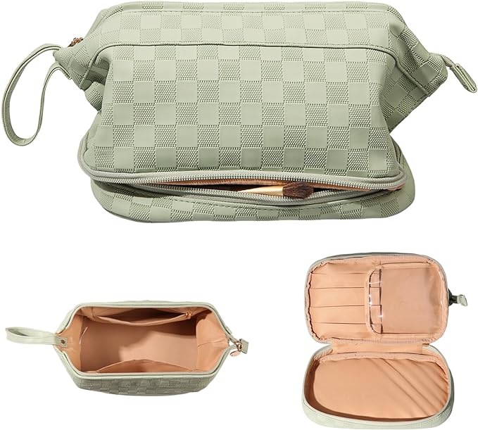 Abiudeng Large Capacity Makeup Bag Ladies Cosmetic Bag Travel Bag with Compartments Portable PU Leather Travel Makeup Bag with Handle