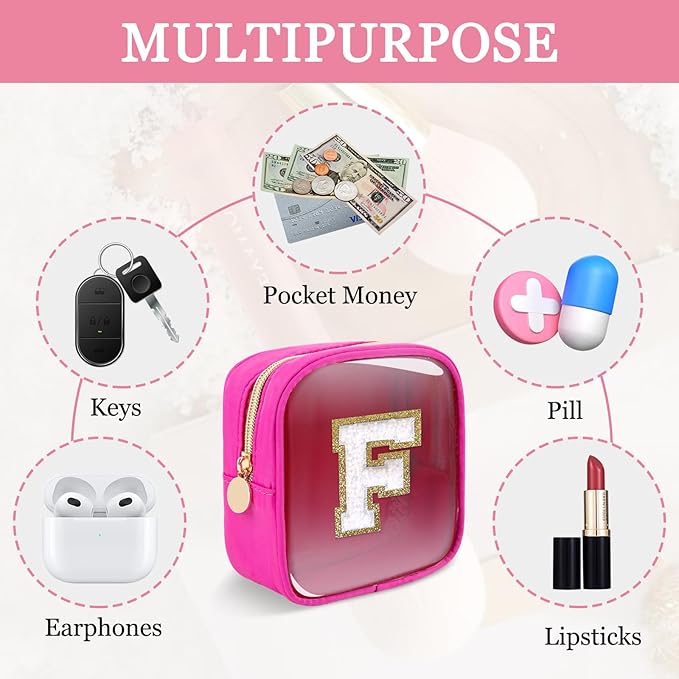 Mini Clear Personalized Initial Makeup Bag,Nylon Preppy A-Z Chenille Letter Patch Zipper Cosmetic Bag, Small Cute Beach Pouch Travel Purse Sanitary Napkin Storage Bag for Women Girls(Hot Pink-White F)
