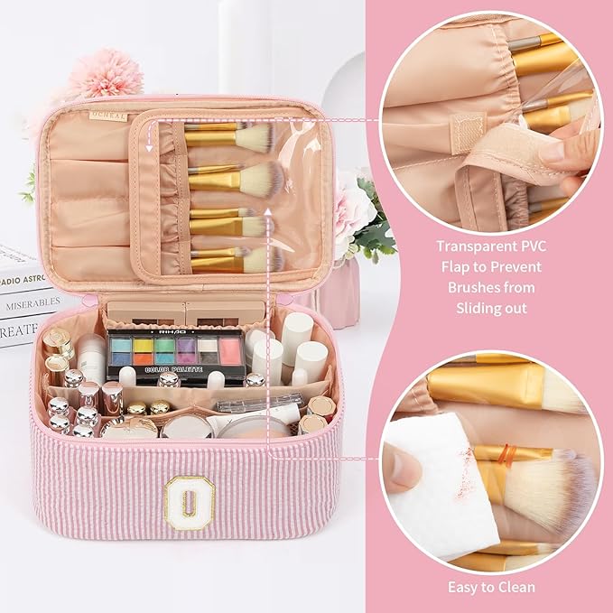 OCHEAL Makeup Bag for Women, Monogram Cosmetic Bag with Brush Holder, Pink Travel Makeup Case Beauty Toiletry Bag Organizer Personalized Gifts for Girls Bridesmaid, Sister, Wife, Friends Initial O