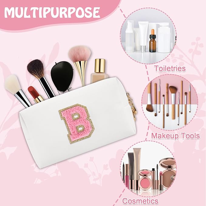 Personalized Initial Travel Preppy Makeup Bag, Small Cute White Cosmetic Pouch Monogram Toiletry Zipper Pouch, Waterproof PU Glitter Make Up Bags Storage Birthday Bridal Shower Women Gift (Letter B)