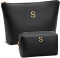 Women Gifts | Initial Makeup Bag Set for Girl Personalized Gifts for Bridesmaid Friend Graduation Teachers PU Leather Cosmetic Travel Toiletry Bag(Black,S)