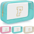 Personalized Initial Clear Makeup Bag, Travel Chenille Patch Cosmetic Bag, Preppy Toiletry Bag Monogram Cosmetic Pouch with Zipper, Ideal Gift for Teen Girls Women (Clear-Green, F)