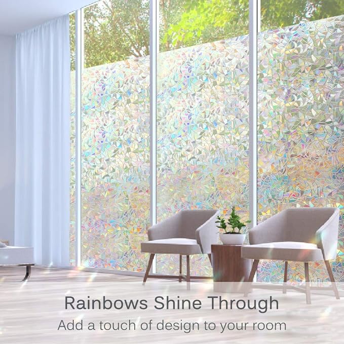 Volcanics Window Privacy Film Static Window Clings Vinyl 3D Window Decals Window Stickers Rainbow Window Film for Glass Door Heat Control Anti UV 23.6 x 59 Inches