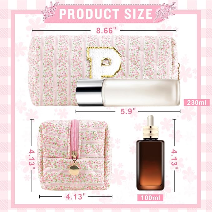 Personalized Quilted Cosmetic Bag, Puffy Monogrammed Christmas Birthday Gifts for Women & Girls, Cute initial Floral Makeup Bag Puffer Coquette Bag, Aesthetic Travel Toiletry Zipper Pouch(Pink,P)
